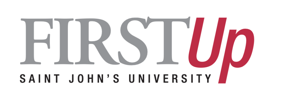 Logo with the text "FIRST Up" in large letters, with "FIRST" in gray and "Up" in red. Below, "Saint John's University" is written in smaller black letters. The background is white.