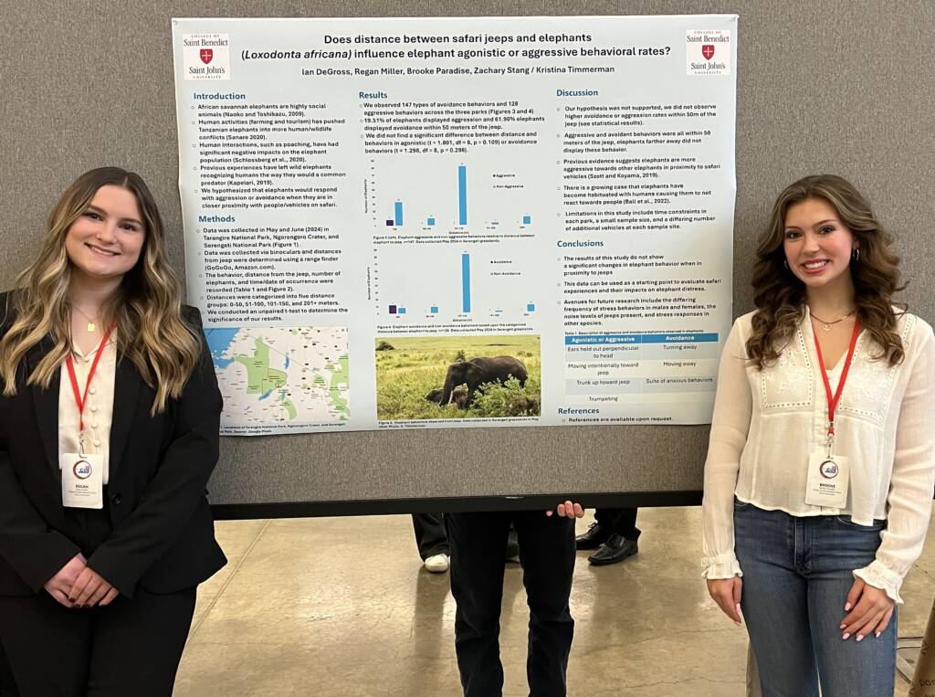 Two young women stand smiling on either side of a scientific poster about how distance between safari jeeps and elephants affects behavioral rates, featuring text, graphs, and images, at a conference event.