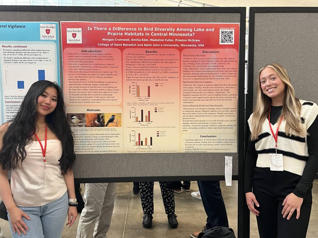 Two young women stand smiling in front of a scientific poster titled "Is There a Difference in Bird Diversity Among Lake and Prairie Habitats in Central Minnesota?" The poster includes text, graphs, images of birds, and methodology details.
