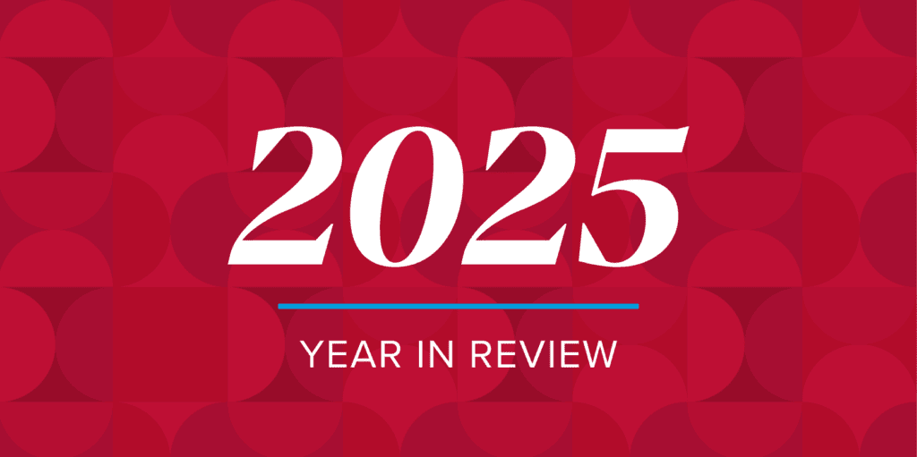 White text on a red patterned background reads "2025" above a blue line, with "Year in Review" written below.