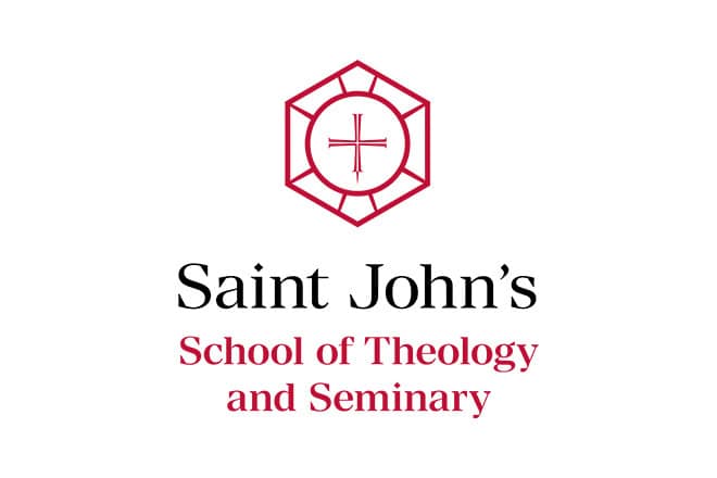 Saint John’s School of Theology and Seminary logo with a red geometric emblem featuring a cross above the school name in black and red text on a white background.