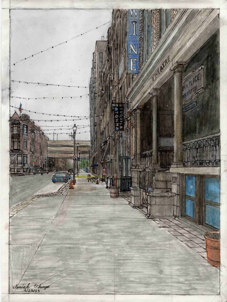 A hand-drawn and colored illustration of a city sidewalk beside old buildings, including a theater. String lights hang above the street, and a few people and cars are visible in the background under a cloudy sky.