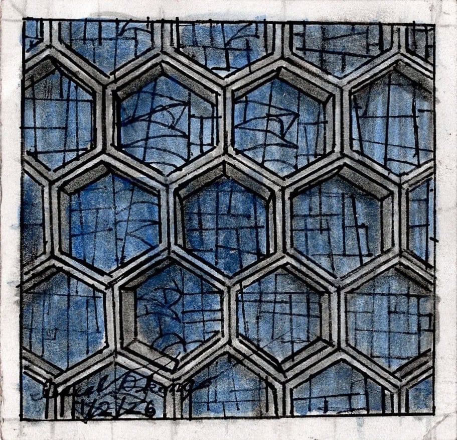 A hand-drawn pattern of interlocking hexagons overlays a textured blue background, with thin black and gray lines creating a geometric, honeycomb-like appearance.