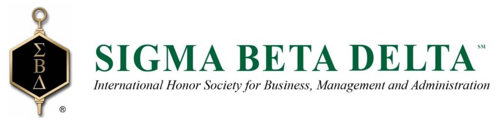 Logo of Sigma Beta Delta, International Honor Society for Business, Management, and Administration, featuring a gold and black key emblem with Greek letters Σ, Β, and Δ.