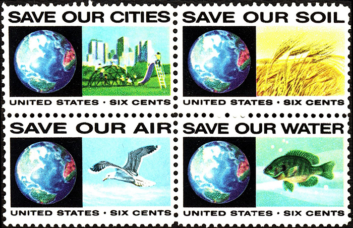 1970 US postage stampe: save our cities, save our soil, save our air, save our water